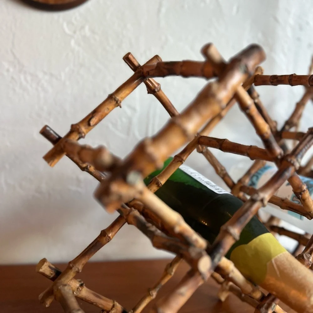 Vintage Boho Bamboo Folding Wine Rack – Mid Century Bar Cart Bottle Holder